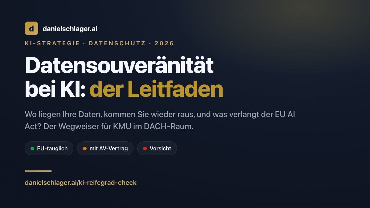 Branded Titelbild „Datensouveränität bei KI, der Leitfaden" mit DSGVO-Ampel EU-tauglich, mit AV-Vertrag, Vorsicht