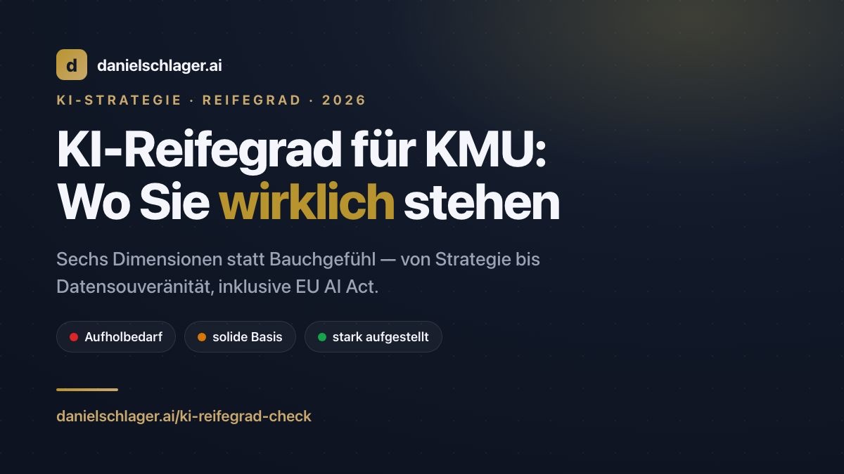 Branded Titelbild „KI-Reifegrad für KMU" mit Ampel-Stufen Aufholbedarf, solide Basis, stark aufgestellt