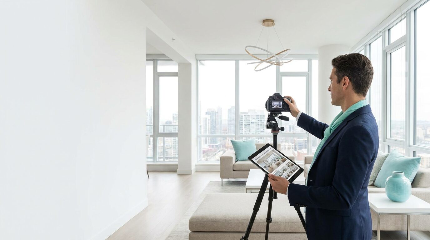 Immobilienmaklerin fotografiert eine helle moderne Wohnung und erstellt ein Exposé am Tablet