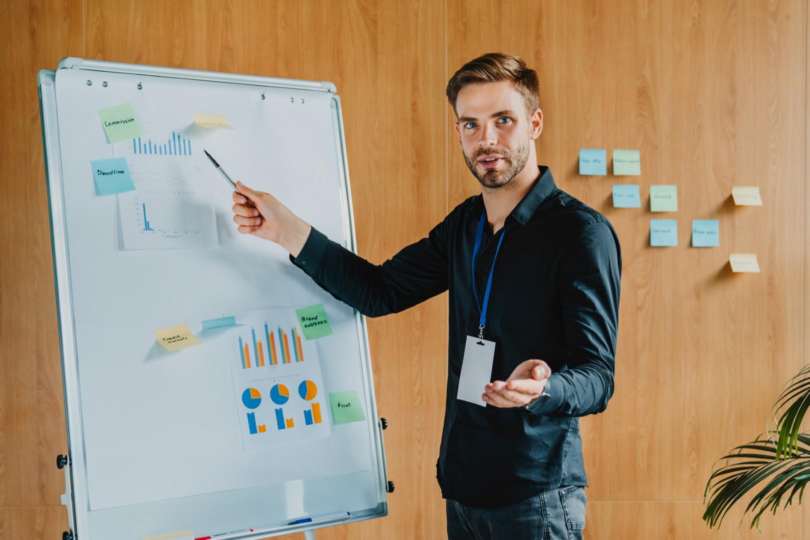 Erklärsituation am Flipchart mit Diagrammen und Haftnotizen an der Wand